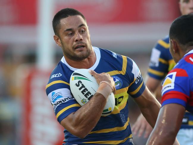 NEWCASTLE, AUSTRALIA - FEBRUARY 24:  Jarryd Hayne of the Eels about to be tackled during the NRL Trial Match between the Newcastle Knights and the Parramatta Eels at Maitland No 1 Showground on February 24, 2018 in Newcastle, Australia.  (Photo by Tony Feder/Getty Images)