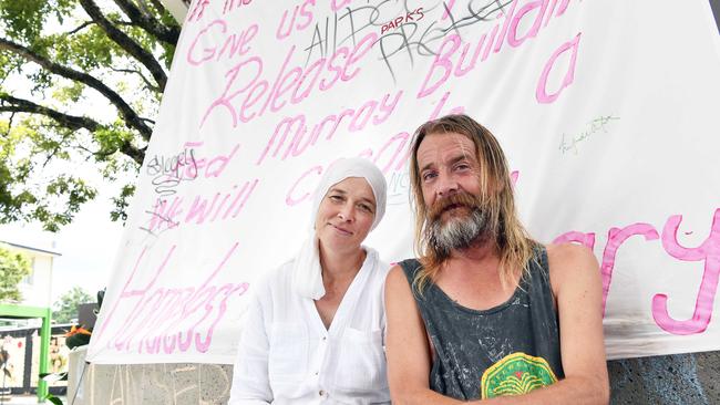 Abigail* and Joseph are sitting in the Nambour town square to draw attention to the plight of homeless people on the Sunshine Coast. Photo: Patrick Woods.