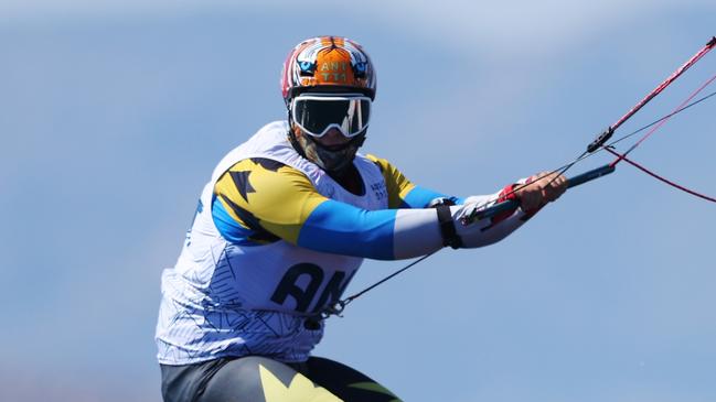 MARSEILLE, FRANCE - AUGUST 04: Tiger Tyson of Team Antigua and Barbuda competes in the Men's Kite race on day nine of the Olympic Games Paris 2024 at Marseille Marina on August 04, 2024 in Marseille, France. (Photo by Alex Livesey/Getty Images)