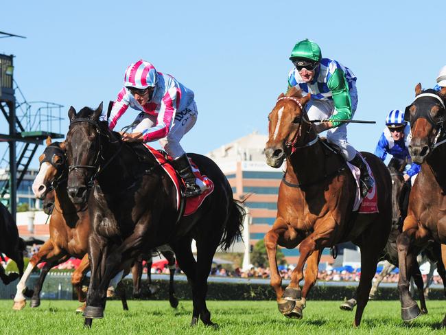 Damien Oliver and Azkadellia combine to win the Mannerism Stakes. Picture: Getty Images