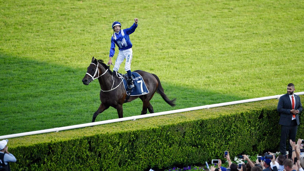 Jockey Hugh Bowman on the mighty Winx after her final race. Picture: Wendell Teodoro AFP