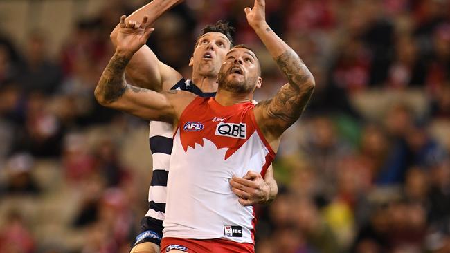 Lance Franklin was well beaten by Harry Taylor. Picture: AAP