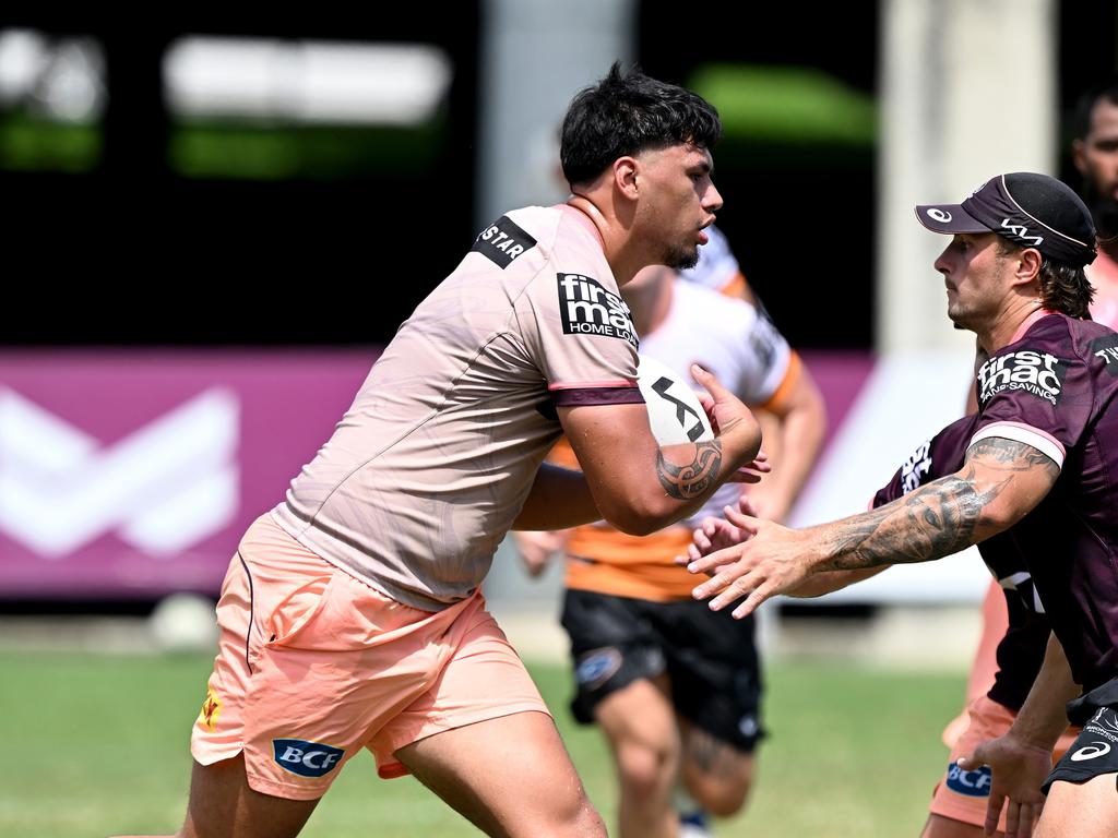 Young Broncos giant Ben Te Kura stands 205cm tall, more than 30cm taller than skipper Adam Reynolds. Picture: Getty Images