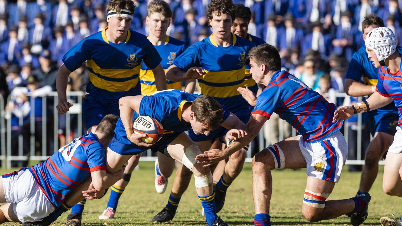 Bud Smith with the ball for Grammar against Downlands in O'Callaghan Cup on Grammar Downlands Day at Downlands College, Saturday, August 6, 2022. Picture: Kevin Farmer