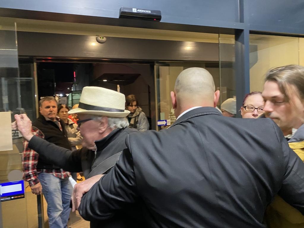 Security guards prevent community members entering the council chambers on Tuesday night. Geelong. May 23.