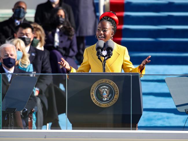 Youth Poet Laureate Amanda Gorman, 22, recited a verse inspired by the Capitol attack, touching on how democracy “can never be permanently defeated.”. Picture: Getty Images
