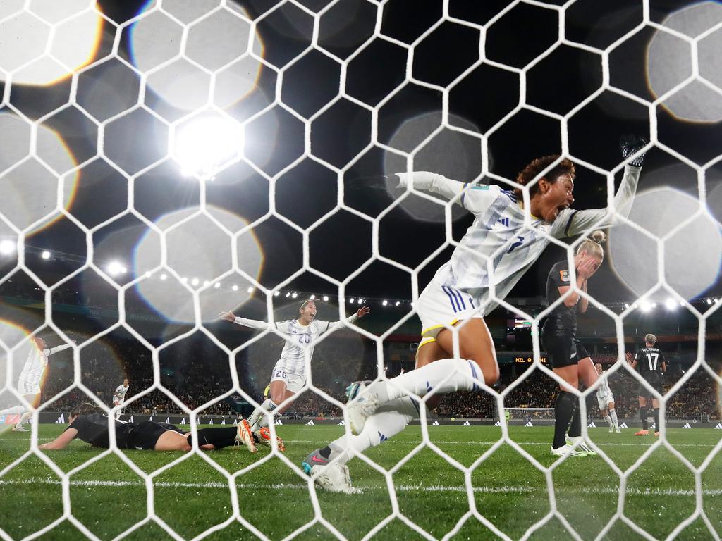 A view from a remote camera behind the goal as Sarina Bolden of Philippines celebrates. Picture: Maja Hitij/Getty Images
