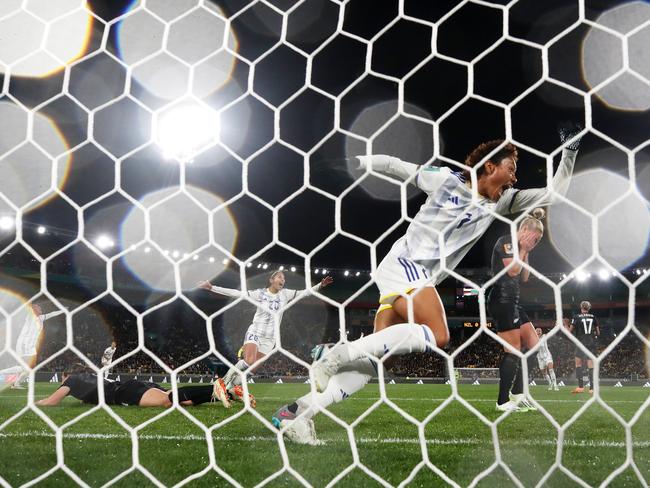 A view from a remote camera behind the goal as Sarina Bolden of Philippines celebrates. Picture: Maja Hitij/Getty Images