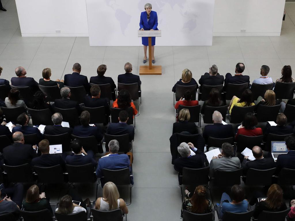 Britain's Prime Minister Theresa May delivers a keynote speech in central London. Picture: AFP