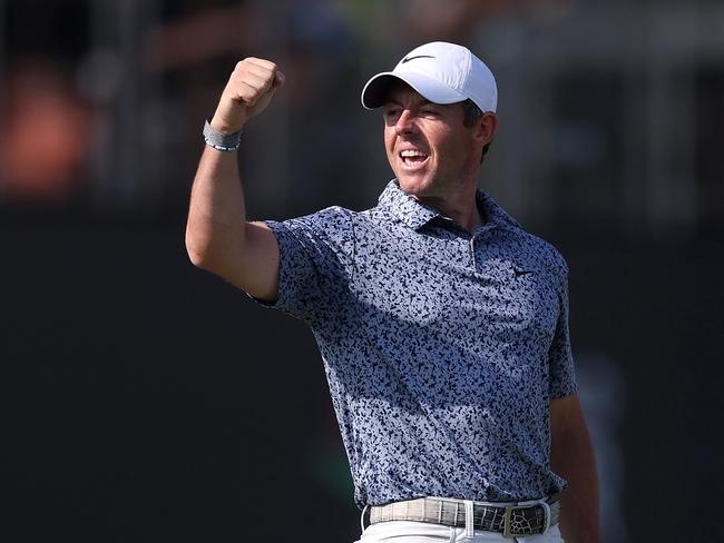 DUBAI, UNITED ARAB EMIRATES - JANUARY 30: Rory McIlroy of Northern Ireland celebrates victory in the Final Round on Day Five of the Hero Dubai Desert Classic at Emirates Golf Club on January 30, 2023 in Dubai, United Arab Emirates. (Photo by Oisin Keniry/Getty Images) *** BESTPIX ***