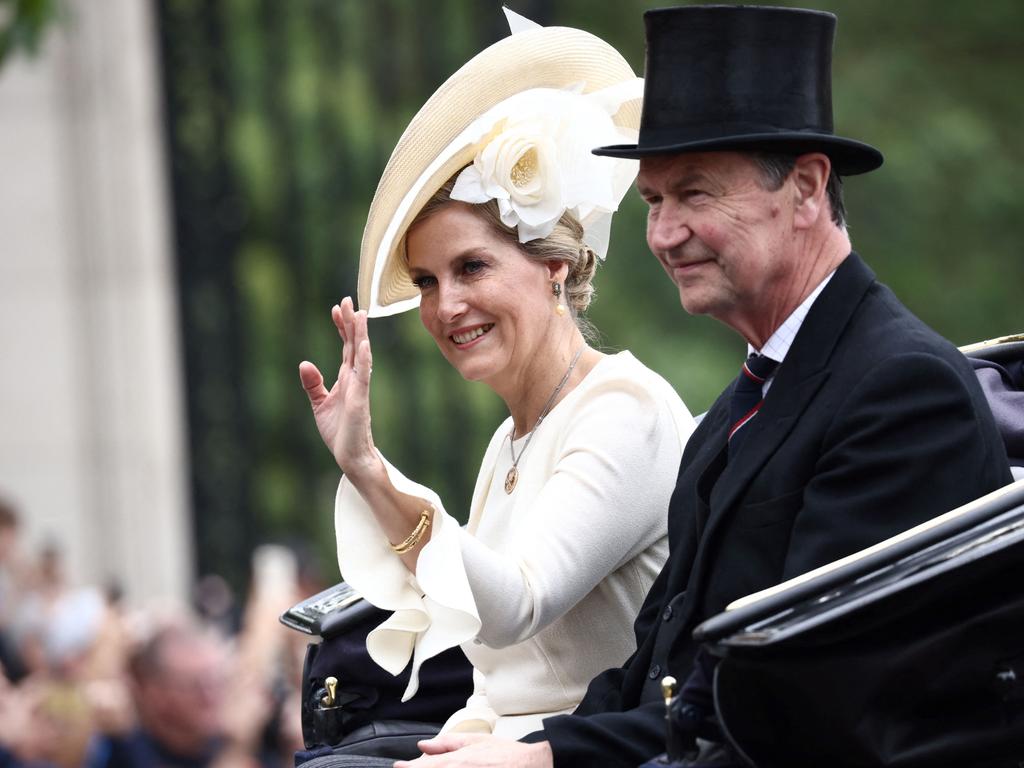 Britain's Sophie, Duchess of Edinburgh and Vice Admiral Timothy Laurence leave Buckingham Palace during the King's Birthday Parade. Picture: Hentry Nicholls / AFP