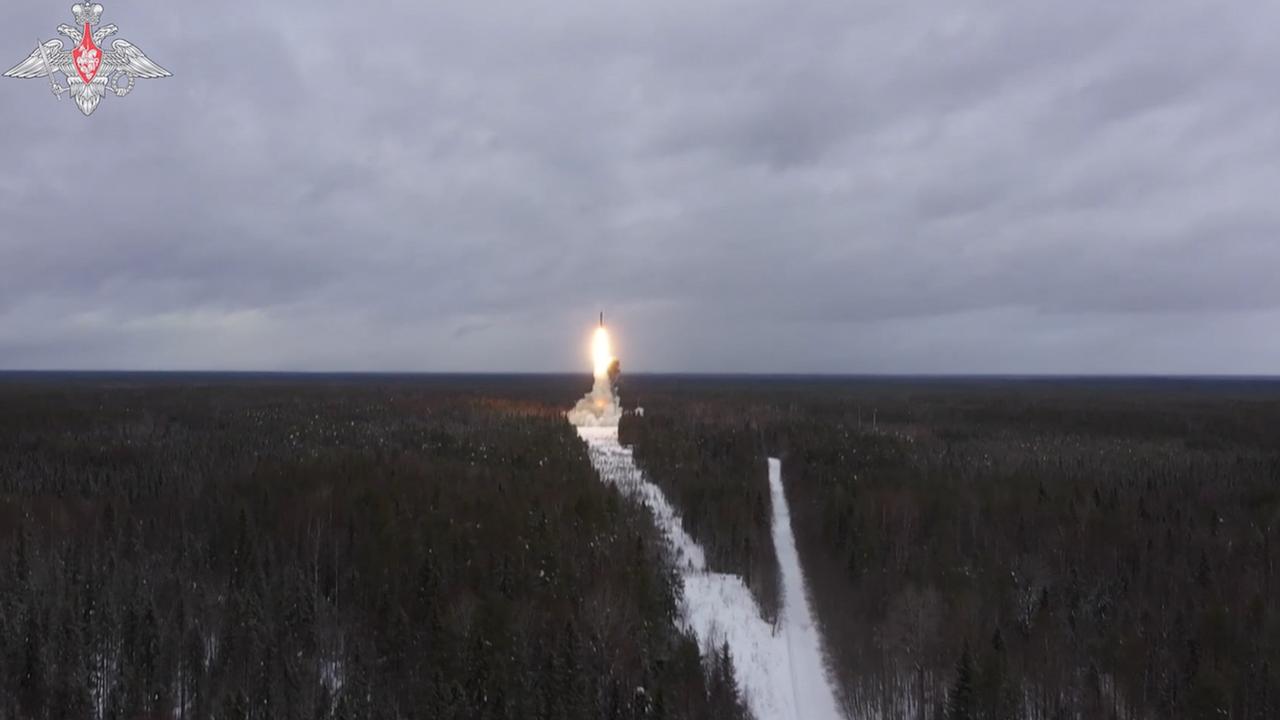 A Yars intercontinental ballistic missile launching as part of the Grom-2022 Strategic Deterrence Force exercise at an undefined location in Russia. Picture: Russian Defence Ministry/AFP