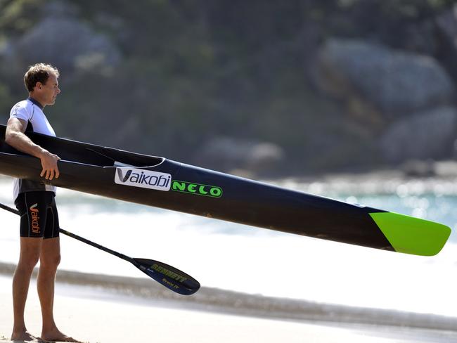 Surf ski paddler Tim Jacobs training at Freshwater Beach. Photograph by Troy Snook