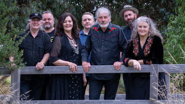 Australian folk-rock band Goanna, pictured near The Potato Shed in Drysdale, Victoria, March 2022. L-R: Graham Davidge, Richard Tankard, Marcia Howard, Ruben Shannon, Shane Howard, Marcus Ryan and Rose Bygrave. Picture: Jay Town