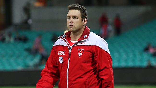 Swans assistant coach Stuart Dew during AFL match Sydney Swans v Carlton at the SCG. pic. Phil Hillyard