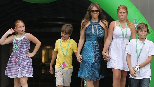 Liz Hurley with her son Damian (yellow) and Shane Warne's kids Brooke (white), Summer (dancing) and Jackson.