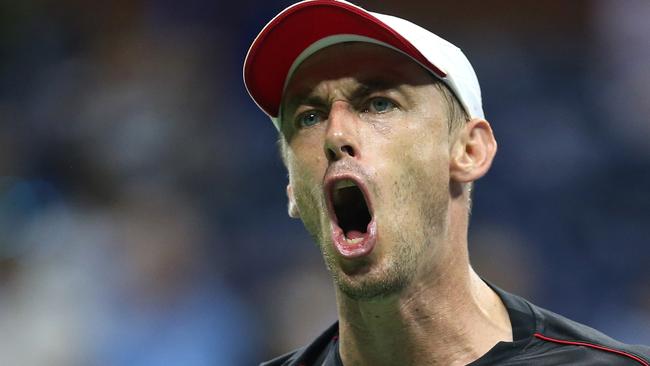 John Millman shows his emotions during the men's singles fourth round match against Roger Federer at the US Open. (Photo by Alex Pantling/Getty Images)