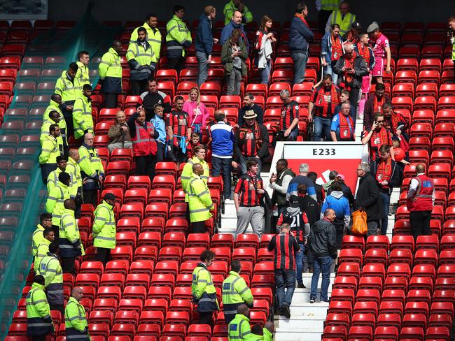 Fans are evacuated as the match is abandoned ahead of the match between Manchester United and AFC Bournemouth. Picture: Alex Livesey/Getty Images