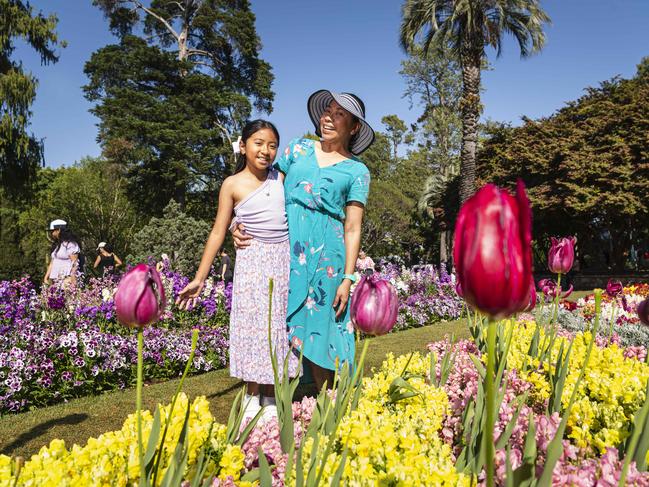 Briana Lim and mum Gieselle Lim in Queens Park for Carnival of Flowers, Saturday, September 21, 2024. Picture: Kevin Farmer