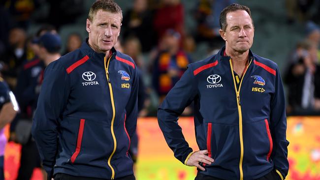 Adelaide Crows head of football Brett Burton and coach Don Pyke after the round 22 loss to Collingwood. Picture: Mark Brake/Getty Images