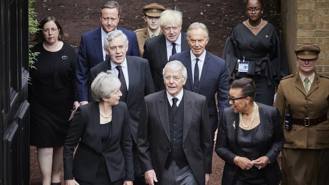 Former British prime ministers Theresa May, John Major, Gordon Brown, Tony Blair, David Cameron, Boris Johnson and Patricia Janet Scotland, Baroness Scotland of Asthal, (second row) arrive as King Charles III is proclaimed King, at St James's Palace on September 10.