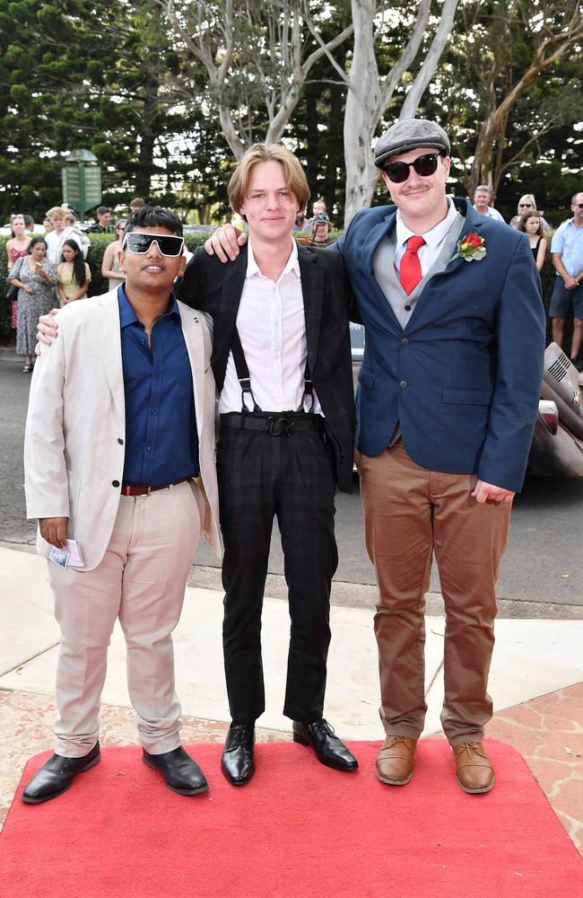 Niall Glen, Jarrod Twidle and William Woodfield at Centenary Heights State High School formal. Picture; Patrick Woods.