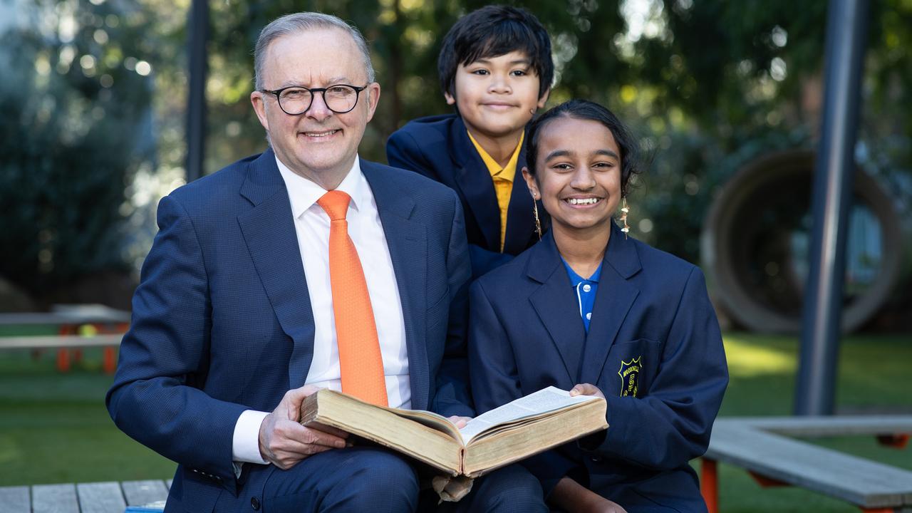 Prime Minister Anthony Albanese visited Marrickville Public School to launch the 2023 Prime Minister’s Spelling Bee is pictured with participants from last year’s Bee and the school’s top performers in the NSW Premier’s Spelling Bee, Katavu Manu and Alena Kazi. Picture: Julian Andrews