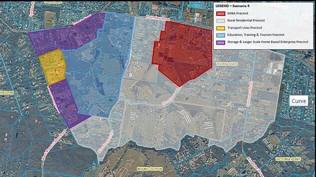 A Redland council map of southern Thornlands, with the red set out for mixed industry and business; the white area to remain rural residential; the yellow to be for transport use; the blue to be for education facilities; and the purple for storage sheds.