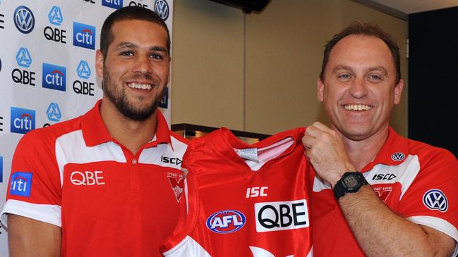 Buddy’s first press conference as a Swan at the end of 2013. Picture: AAP Image