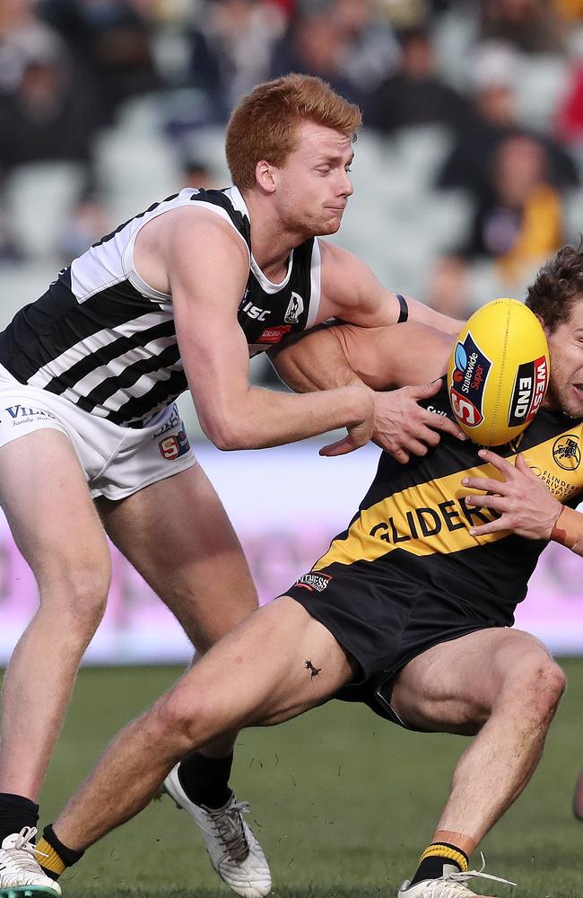 In action for the Port Adelaide Magpies in last year’s SANFL finals series. Picture: Sarah Reed.