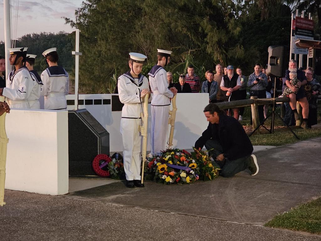 Catafalque party around the at the Half Tide memorial for Dawn Service at Hay Point. Mackay Anzac Day 2025. Photo: Janessa Ekert