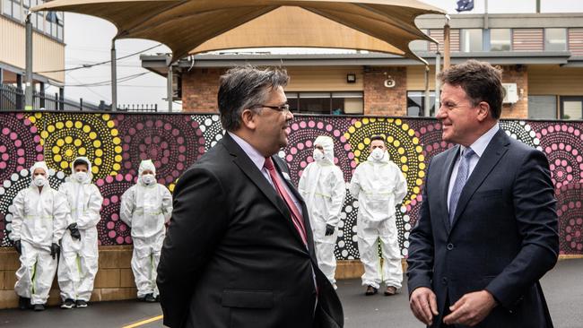 St Christopher's Catholic Primary School principal Jamie Wahab dicusses the school’s closure with Tony Farley, Executive Director Sydney Catholic Schools. Picture: Monique Harmer