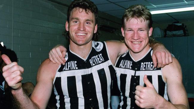 Port Adelaide teammates Scott Hodges and Nathan Buckley after the 1992 SANFL Grand Final. Picture: Neon Martin