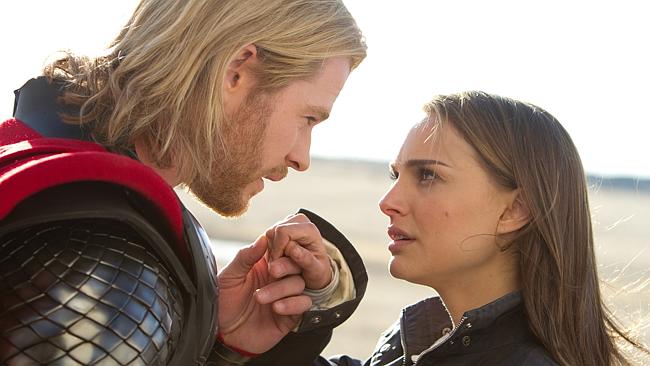 Chris Hemsworth, portraying superhero Thor, and Natalie Portman, portraying Jane Foster in Thor: The Dark