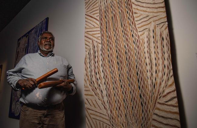 Telstra Art Award winner Djambawa Marawili with artwork Journey to America. Picture: Keri Megelus