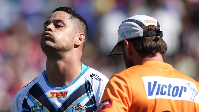 Jarryd Hayne leaves the ground after sustaining an injury.