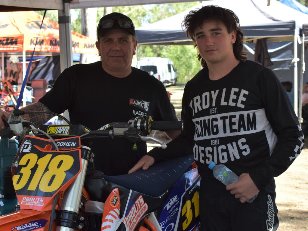Melbourne's Brett Prout with Cohen Prout who is competing in the 125cc 15 years class at the KTM Australian Junior Motocross Championships at Rockhamptonâ€™s Six Mile Raceway, September 28 to October 1, 2022.