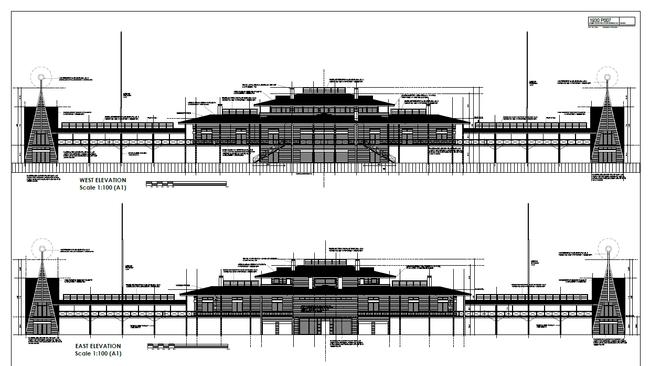 A drawing of the proposed residence and its wind turbines.