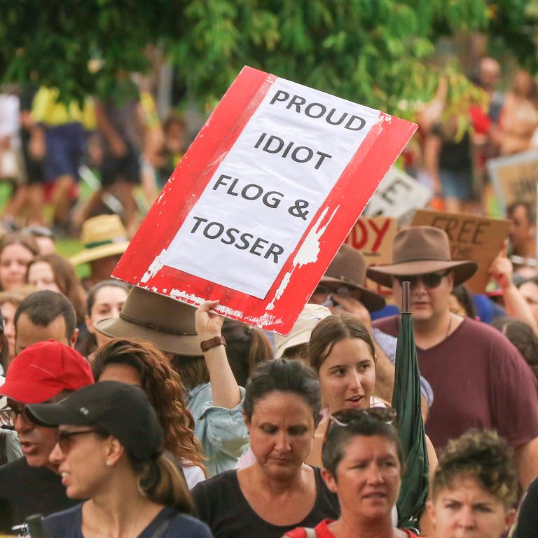 Protesters congregate at the Cenotaph at a Free in the NT march in Darwin. Picture: Glenn Campbell