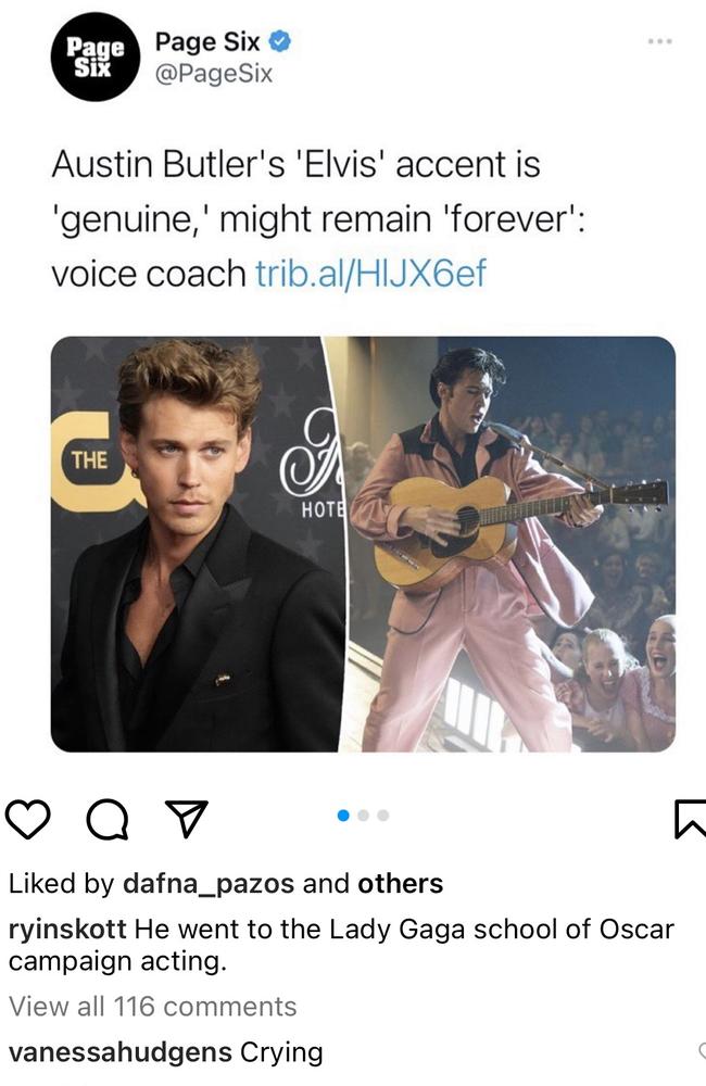 Hudgens commented on a post about Austin Butler’s Elvis accent.