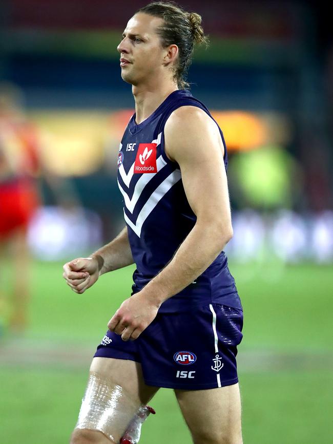 Dockers skipper Nat Fyfe injured his hamstring against Gold Coast.