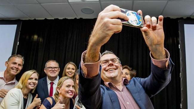 Senator Murray Watt snaps a selfie with ALP candidates and members Rowan Holzberger, Georgi Leader, Meaghan Scanlon, Christopher Johnson, Kate Jones and Judy Searle at the 2017 Queensland Australian Labor Party (ALP) 2017 Campaign Launch at the Gold Coast Convention Centre Picture: Jerad Williams