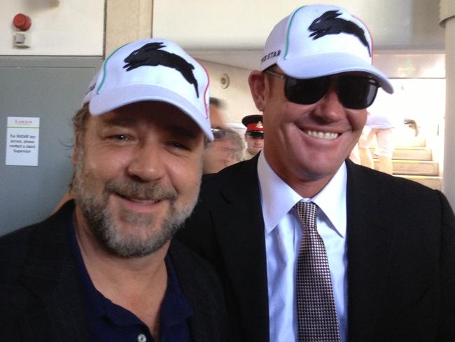 Russell Crowe and James Packer wearing Rabbitohs hats at Lords for the Ashes.