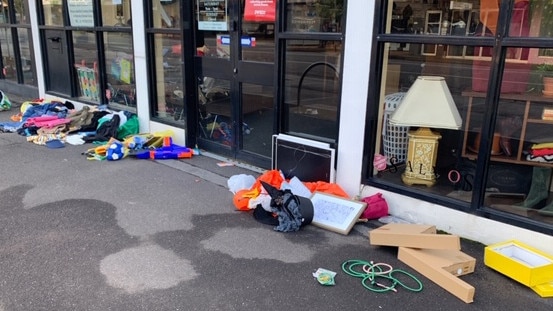 Abandoned goods on the street outside The Salvation Army store on Hampton St, Hampton.