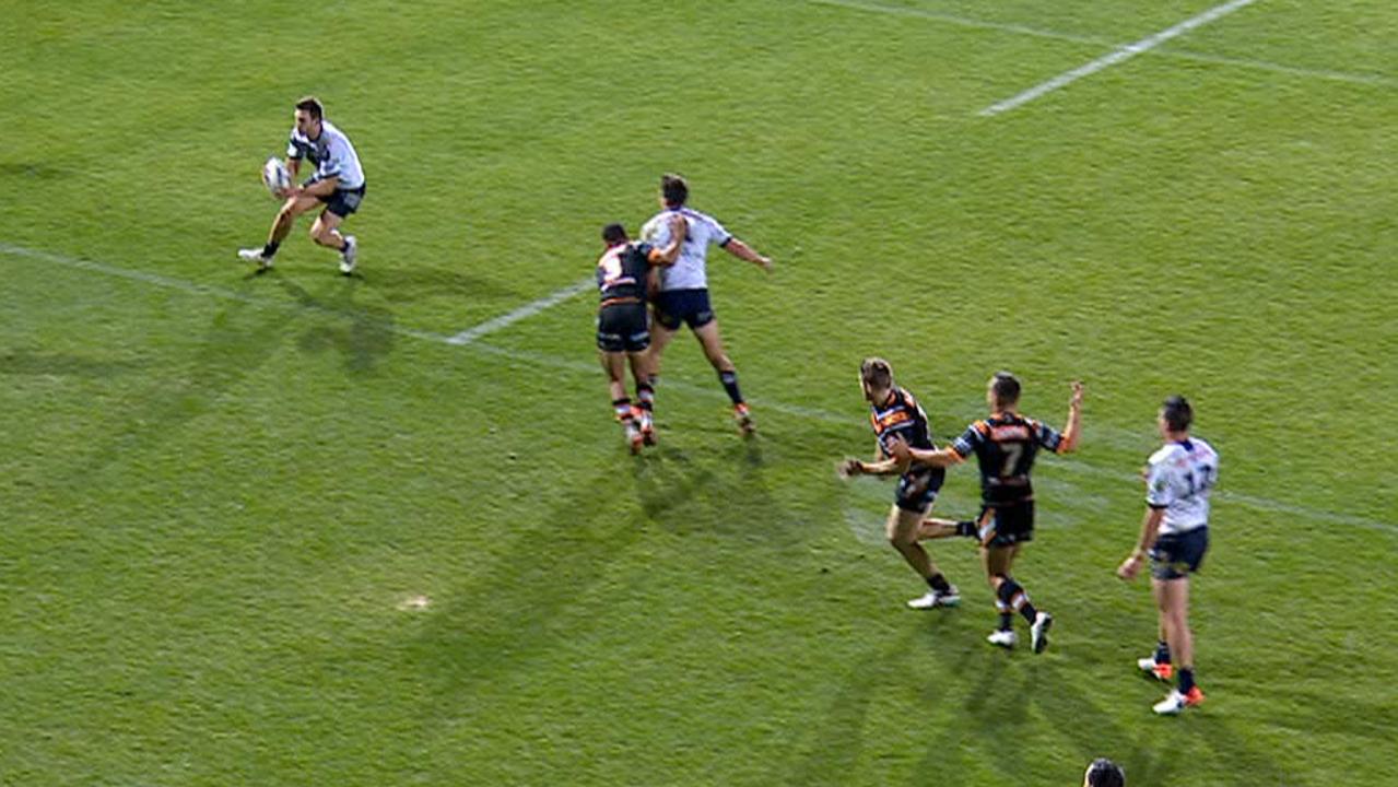 The Cowboys were denied a try against the Tigers due to obstruction.