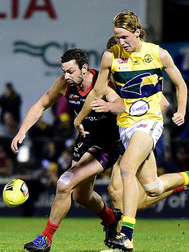 Norwood's Alex Georgiou battles with Eagles Jack Lukosius in Round 16. Picture: Bianca De Marchi