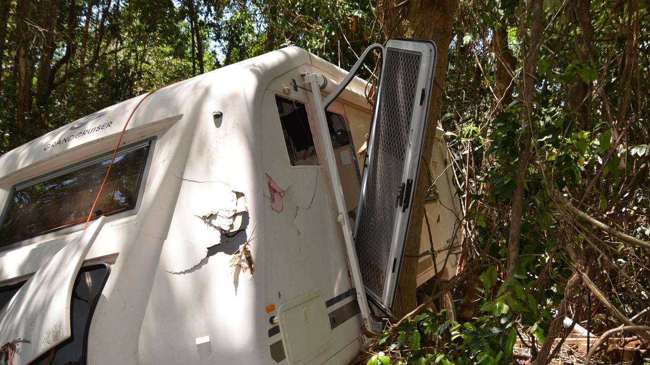 A caravan picked up and carried by the force of rushing water at Degarra. Picture: Supplied