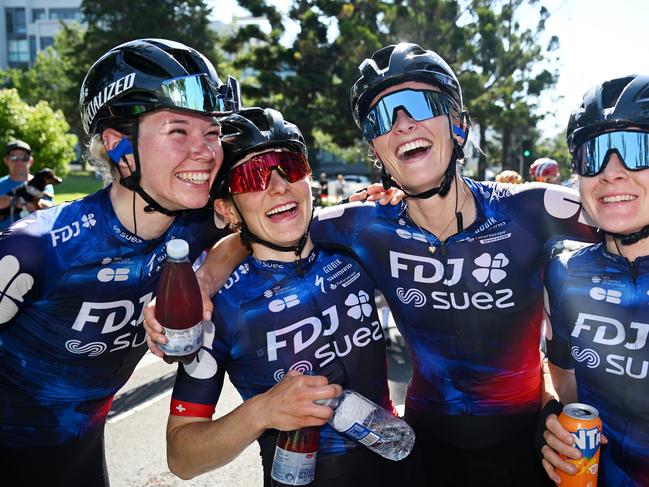 Wollaston celebrates the victory with her teammates Marie Le Net of France, Elise Chabbey of Switzerland and Amber Kraak of the Netherlands. Picture: Dario Belingheri/Getty Images