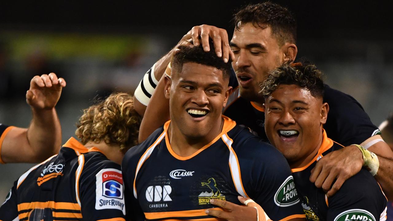 Rob Valetini of the Brumbies celebrates after scoring a try.