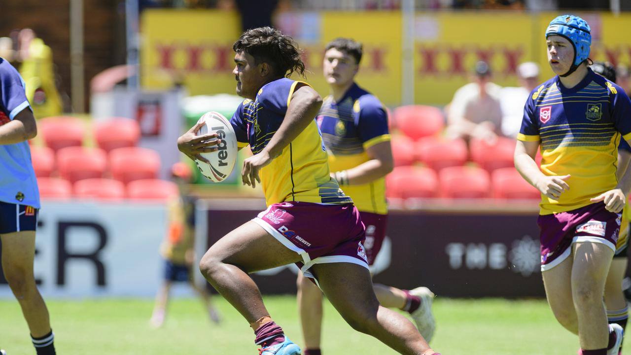 Xavier Fing on the move for Country against City in Western Clydesdales rugby league at Toowoomba Sports Ground, Sunday, February 16, 2025. Picture: Kevin Farmer